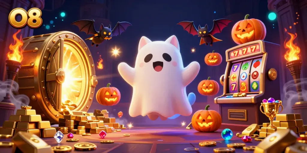 Engage with O8's vibrant casino scene featuring a ghost cat, a vampire bat, and glowing treasures.