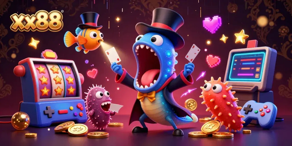 Experience xx88's vibrant casino scene with magical characters and riches galore in this incredible 3D illustration.