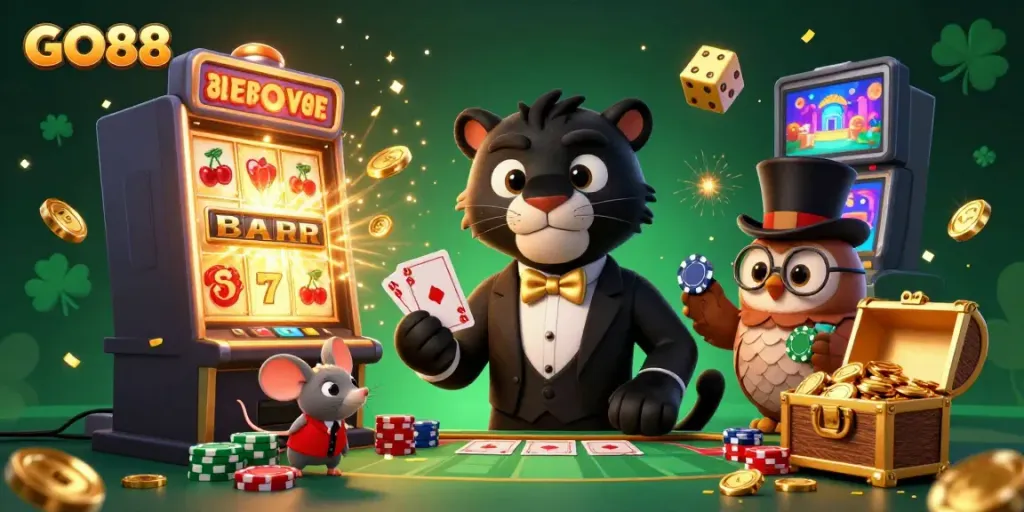 Experience the excitement of GO88 with a dynamic casino scene featuring roulette, cards, and vibrant gaming elements.