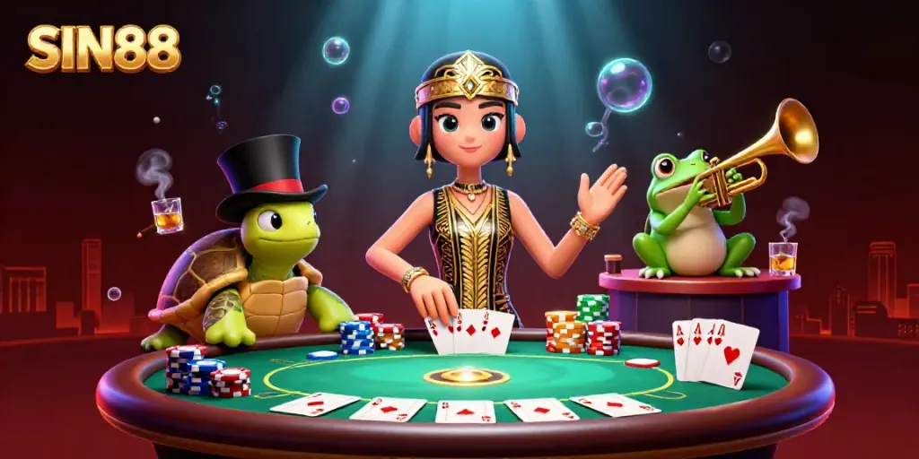 Experience SIN88 in a rich casino scene featuring a flapper crane, turtle, and trumpet frog.