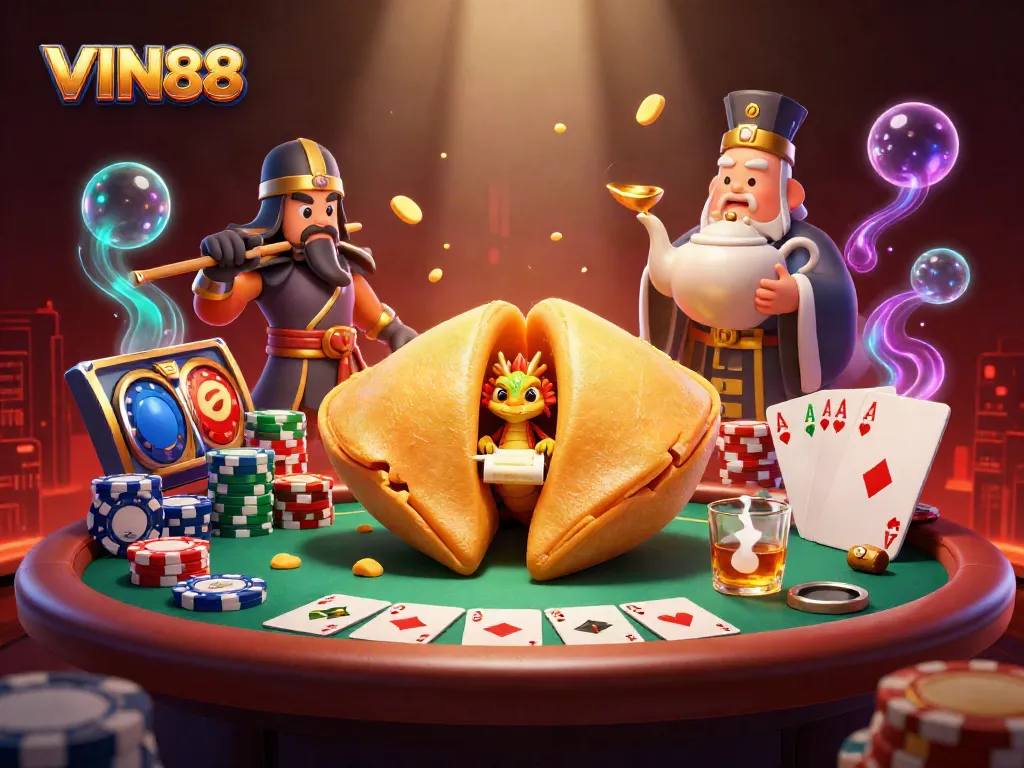 Engage in winning poker strategies at VIN88 with a dynamic scene of fortune cookies, dragons, and poker elements