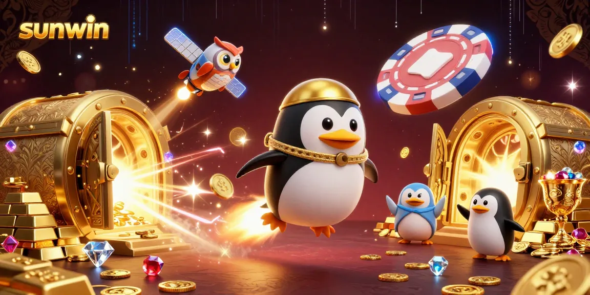 Join the sunwin adventure with a penguin in space, surrounded by riches and casino elements.