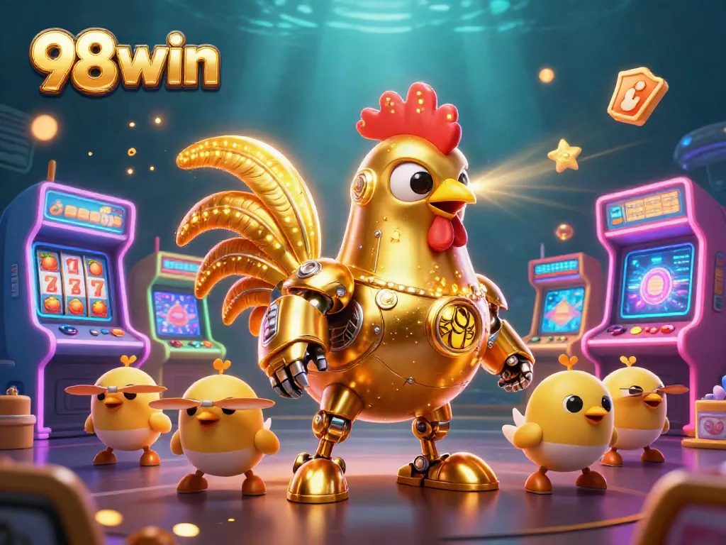 Engage in an exciting gaming experience with 98win's vibrant casino illustration featuring a golden rooster robot.