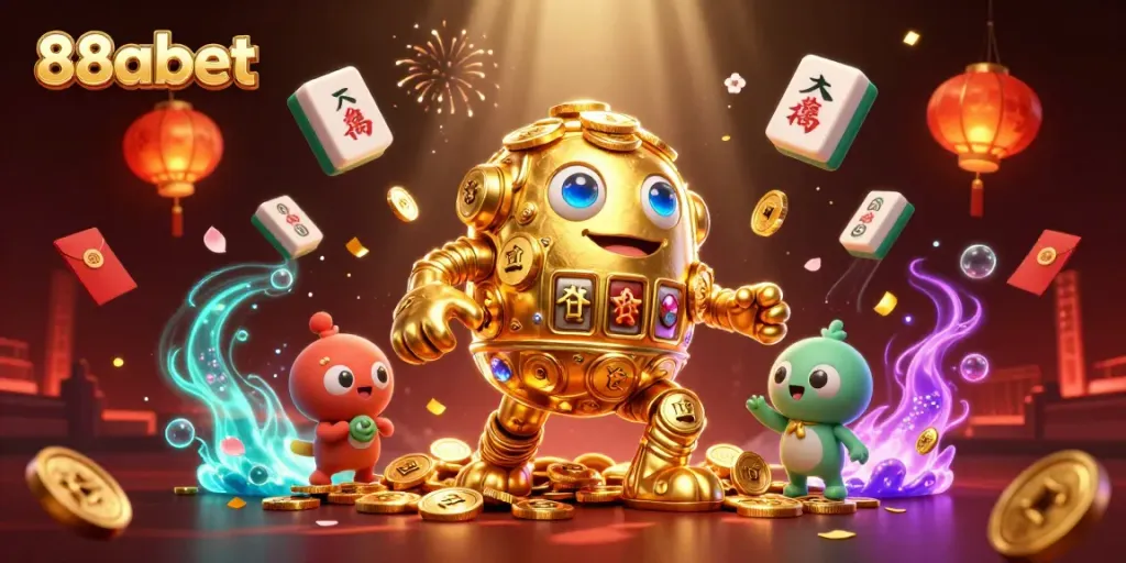 Experience thrilling gambling fun with 88abet's golden golem and festive elements in this vibrant digital artwork.