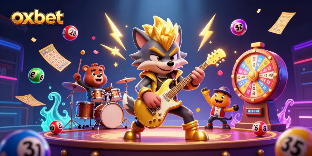 Experience the exhilarating excitement of oxbet with vibrant slot-themed 3D illustration, featuring rockstar wolf and drummer bear.