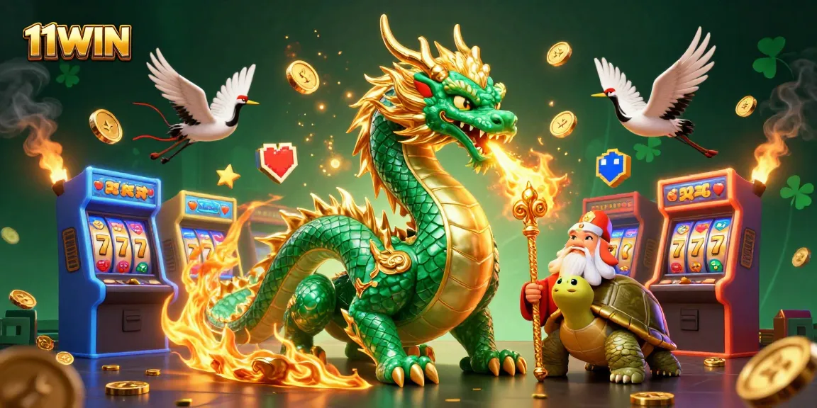 Engage in thrilling gameplay at 11WIN with a vibrant casino-themed 3D illustration featuring dragons and classic game elements.