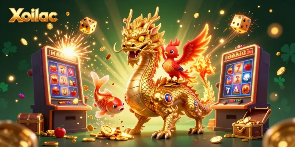 Xoilac showcases a vibrant 3D illustration with a dragon, phoenix, and koi fish in a casino setting, celebrating winnings.