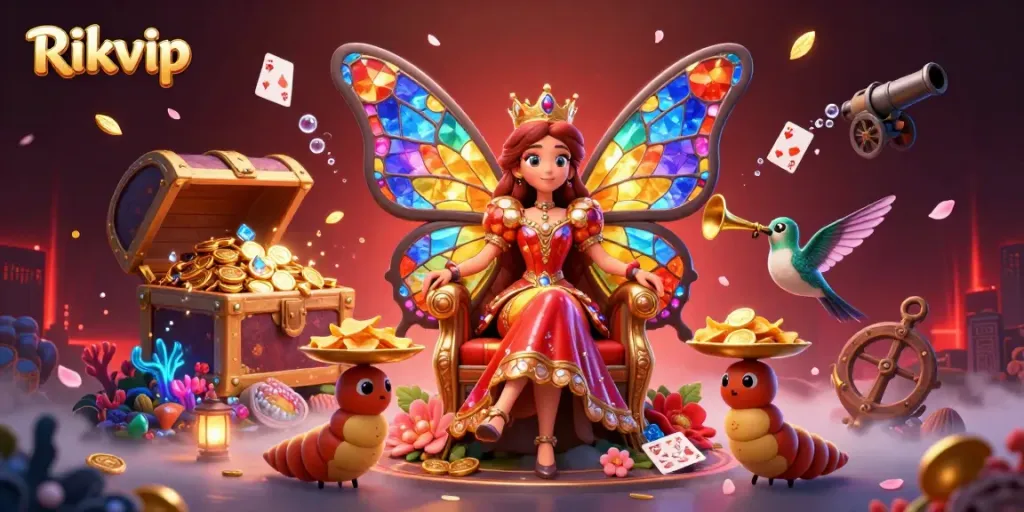 Engage in thrilling gameplay at Rikvip with a vibrant casino scene featuring a butterfly queen and treasure elements.