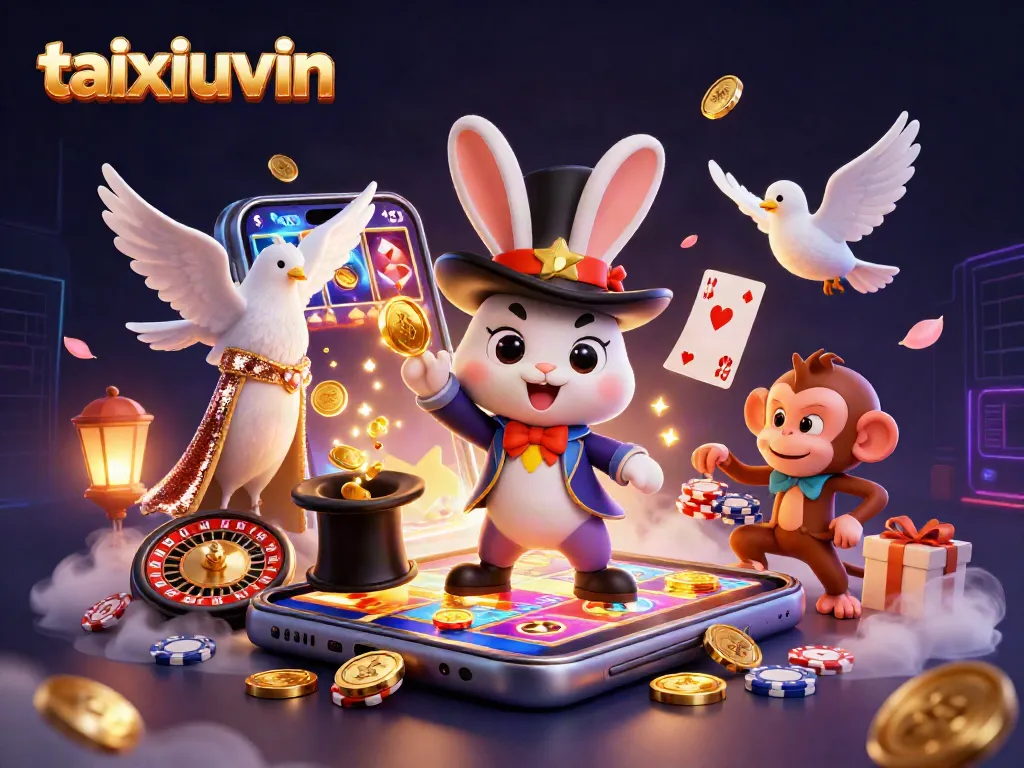 Experience taixiuvin's thrilling games as a magician rabbit conjures coins and a monkey snatches poker chips.
