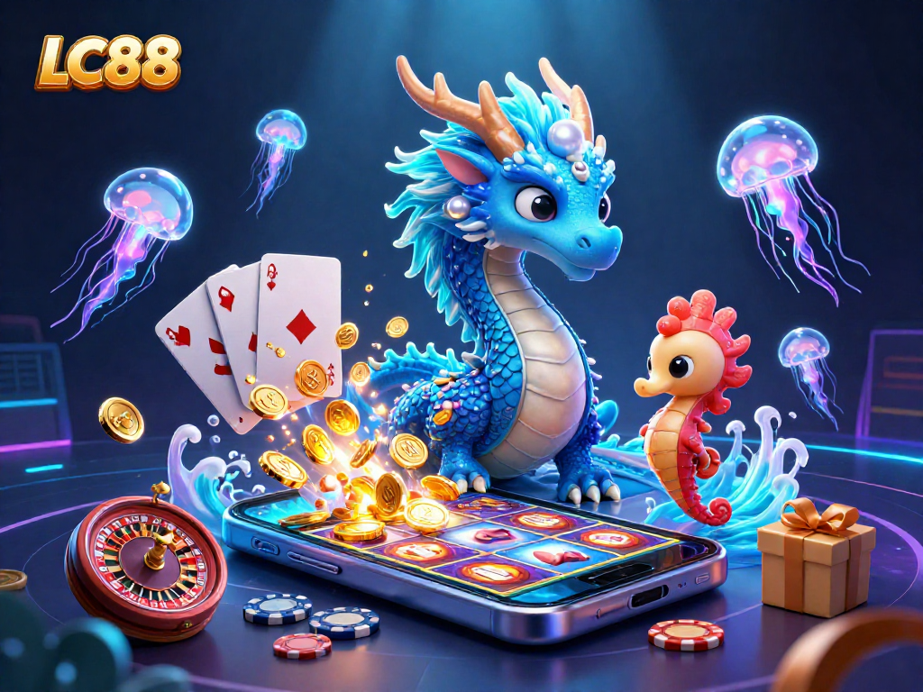 Experience the vibrant world of LC88 with a dynamic underwater casino-themed illustration.
