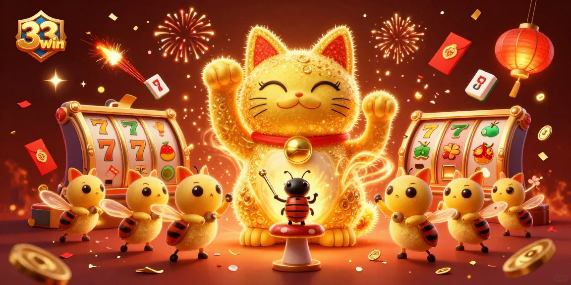 Engage with 33win's vibrant casino experience featuring a lucky cat amidst dynamic game symbols.