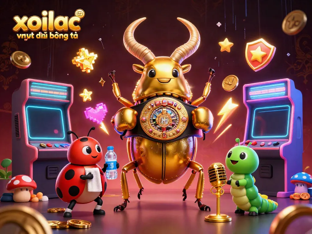 Xoilac tv trực tiếp bóng đá features a giant cartoon beetle, ladybug corner-man, and caterpillar announcer in a vibrant 3D scene.