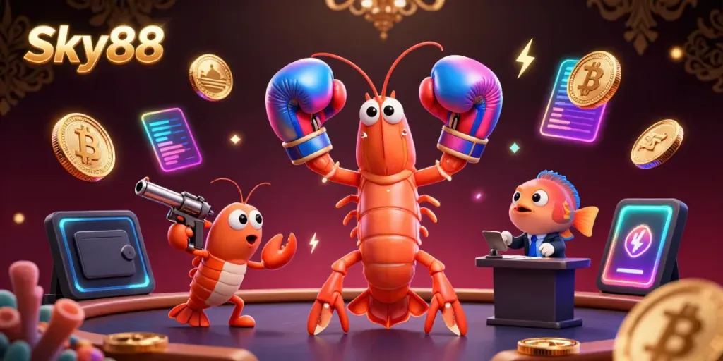 Experience thrilling gameplay at Sky88 with vibrant characters and cryptocurrency elements in a dynamic casino scene.