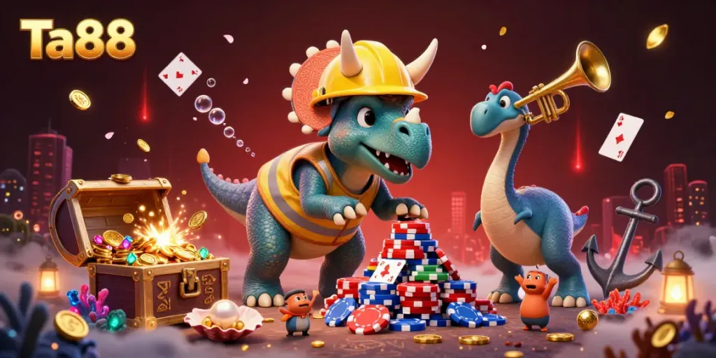 Join the excitement at Ta88, where a triceratops builds a poker chip pyramid amid celebrating creatures in a vibrant casino scene.
