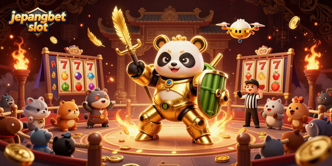 Engage with the jepangbet slot adventure in this vibrant 3D arena featuring golden pandas and dynamic casino elements.