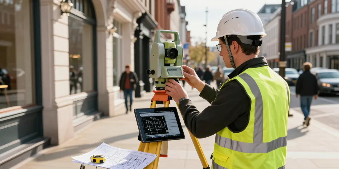 Measured Building Surveys Sussex scene featuring a surveyor capturing building dimensions with modern equipment in an urban setting