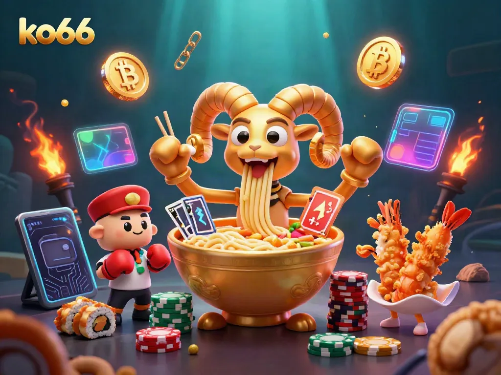 Experience the thrilling world of ko66 with vibrant characters and casino elements in a colorful 3D illustration.