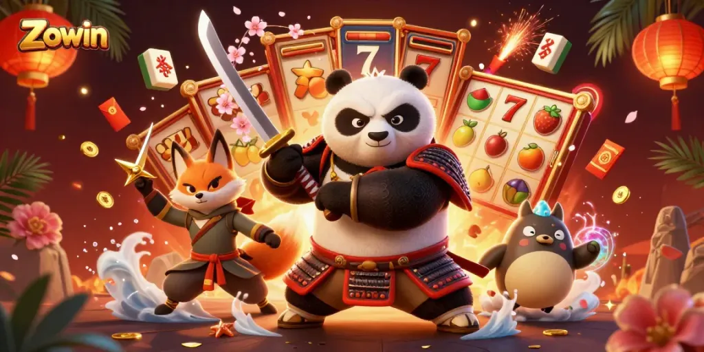 Zowin's dynamic 3D casino scene features a samurai panda and ninja fox with gaming symbols.