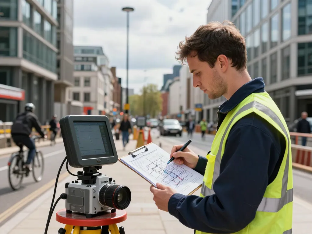 Utility Survey London: Technician using ground penetrating radar in urban setting for underground mapping.