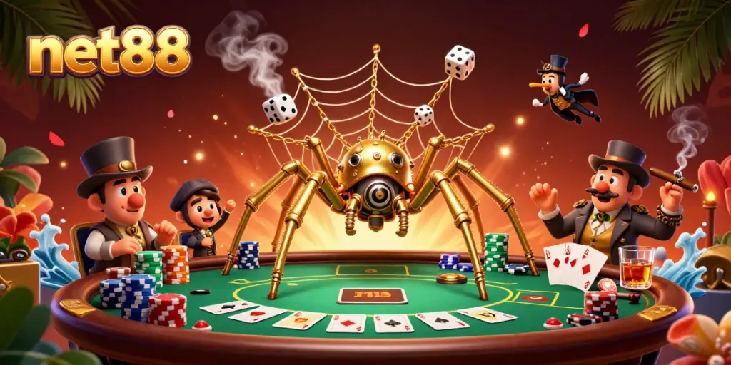 Experience the captivating world of net88 with a steampunk spider and poker action in a vibrant casino scene.