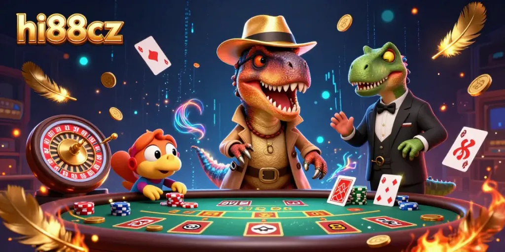 Interactive scene with hi88cz characters engaged in vibrant casino games and strategy.