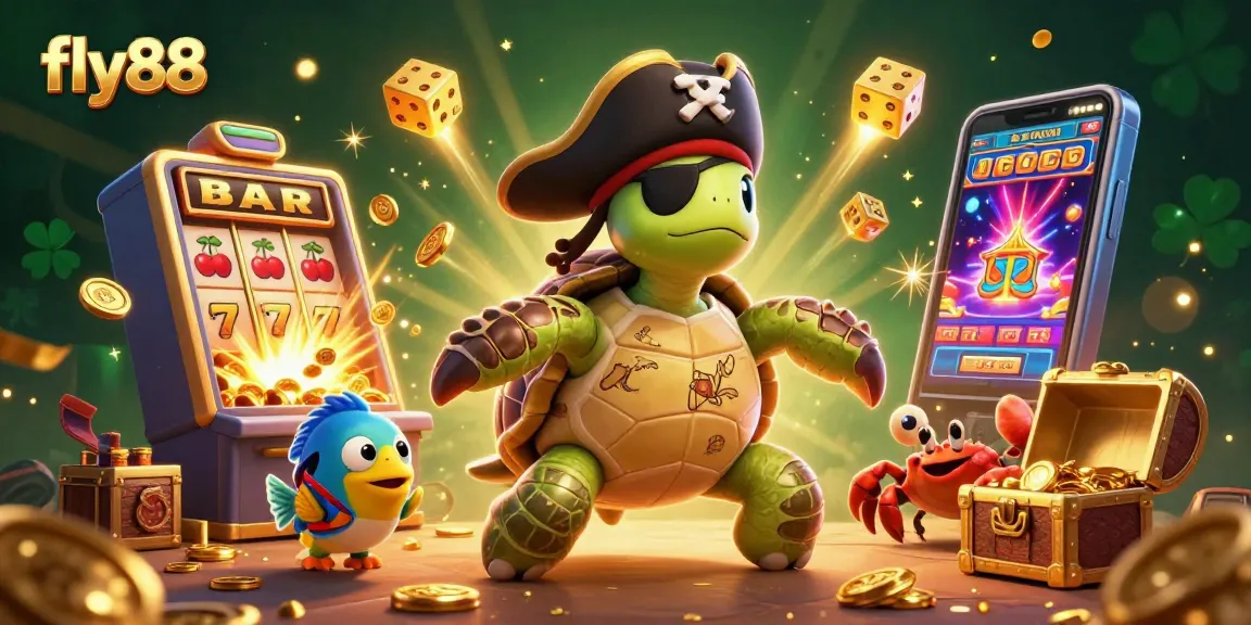 Experience the excitement of fly88 with a vibrant 3D scene featuring treasure, characters, and casino games.
