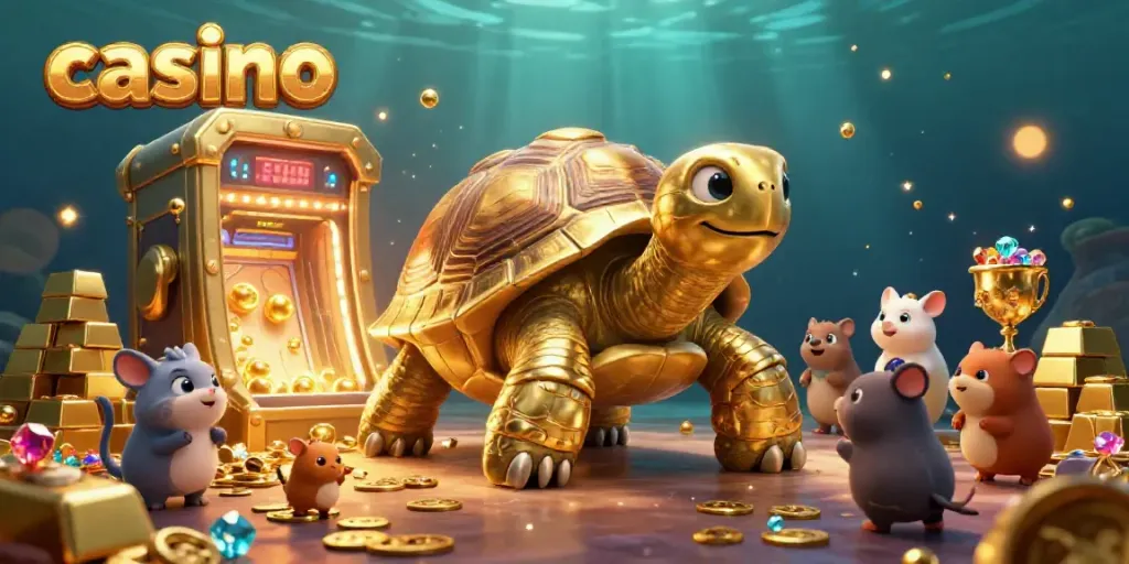 Experience the excitement of a casino with this vibrant 3D illustration of a giant tortoise as a pinball machine.