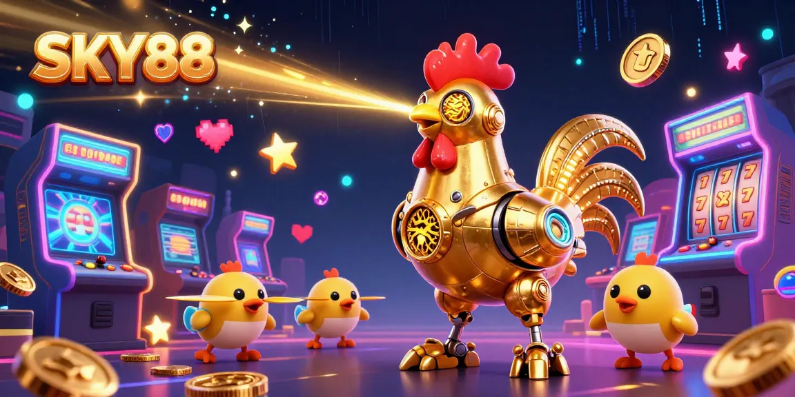 Engage with SKY88's dynamic casino atmosphere featuring a golden rooster robot and gaming excitement.