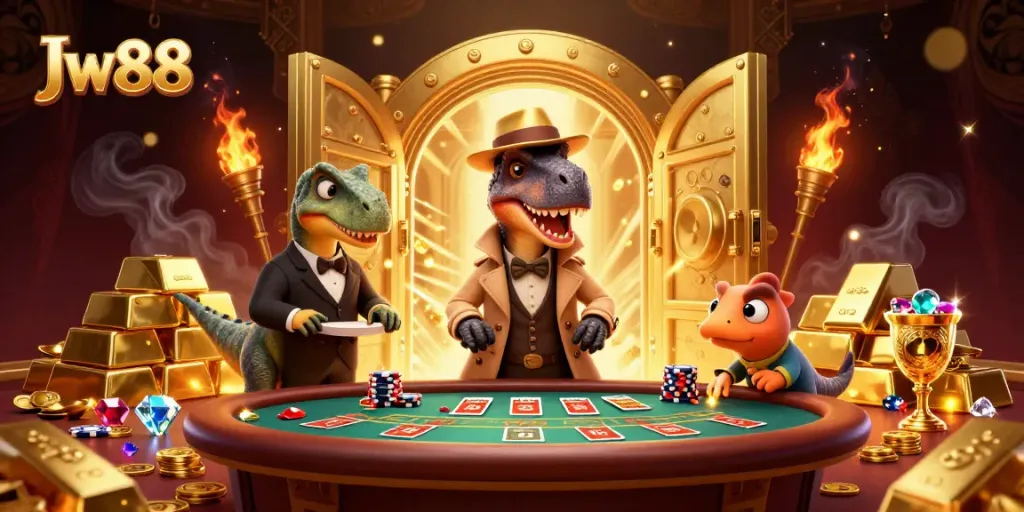 Engage in thrilling betting action at Jw88 with colorful casino elements and lively characters.