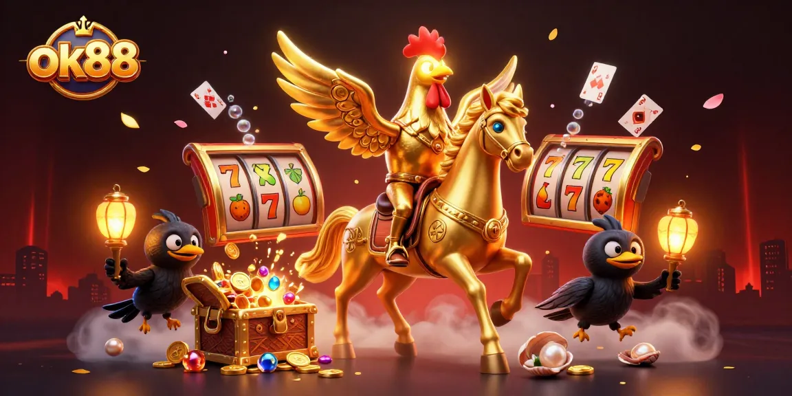 Engage with ok88's thrilling casino experience featuring a golden rooster in action.