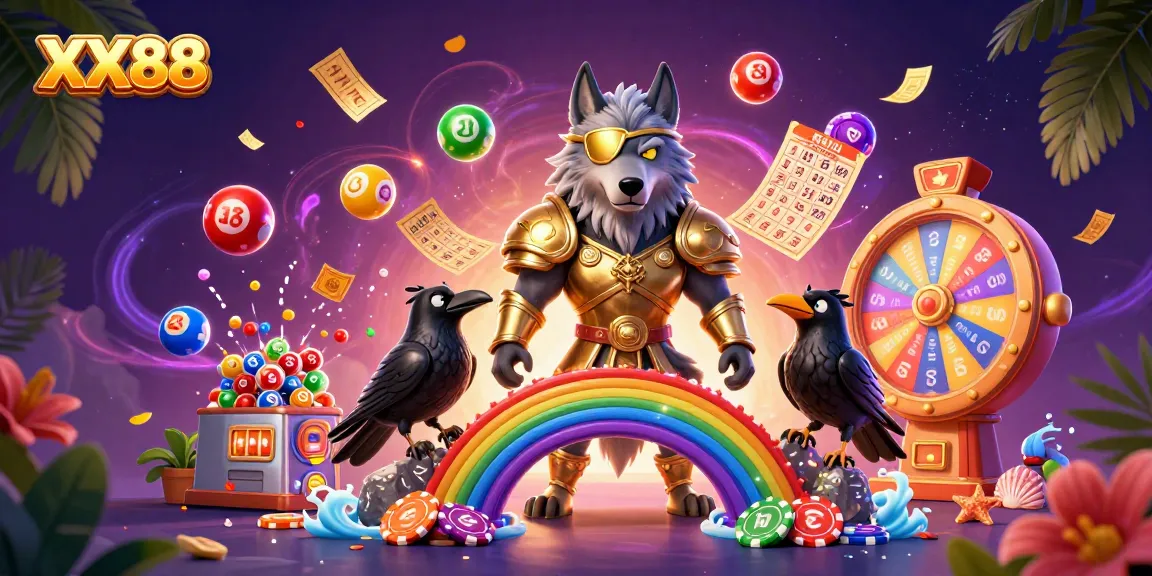 Participate in exciting games at XX88, featuring a vibrant 3D illustration of casino fun with lottery balls and prize wheels.