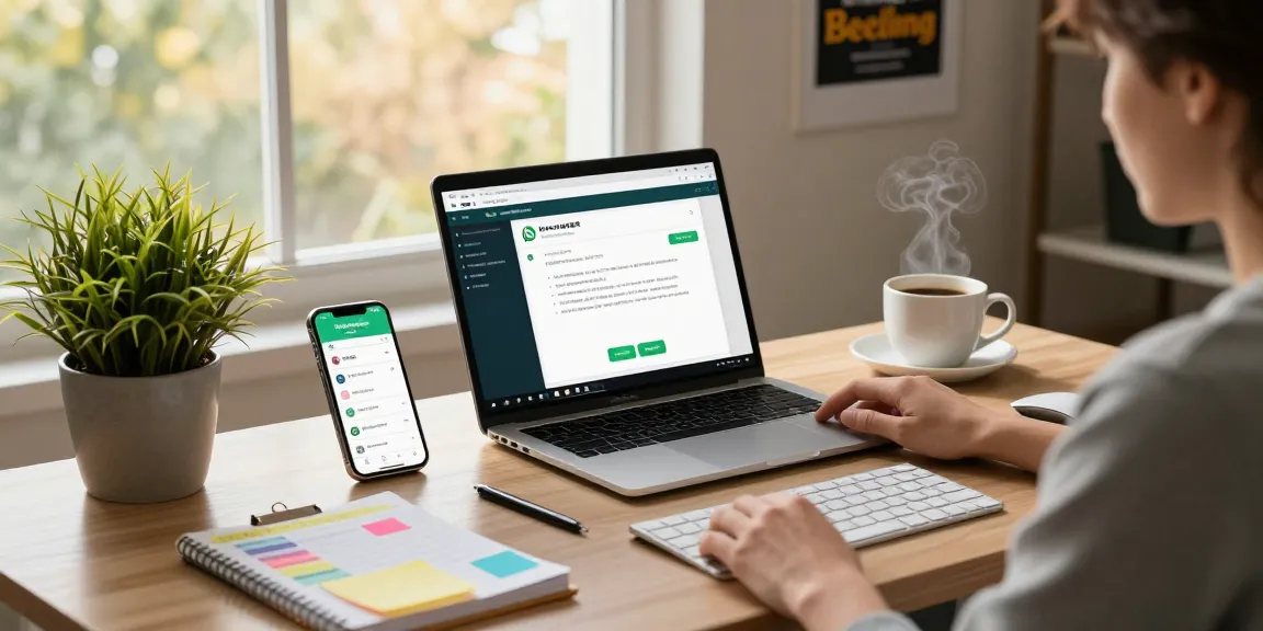 Using WhatsApp電腦版 on a sleek modern workstation with laptop, phone, and coffee in a cozy home office.