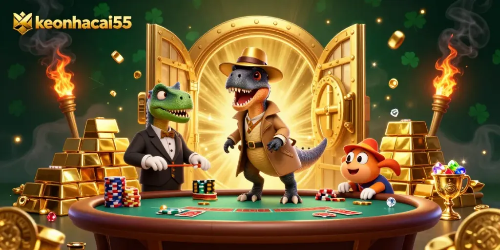 Engage with keonhacai55 as a velociraptor card counter blends into a lively casino scene.