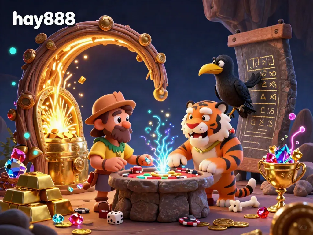 Experience the excitement of hay888 with a vibrant prehistoric casino scene featuring cavemen and treasures.