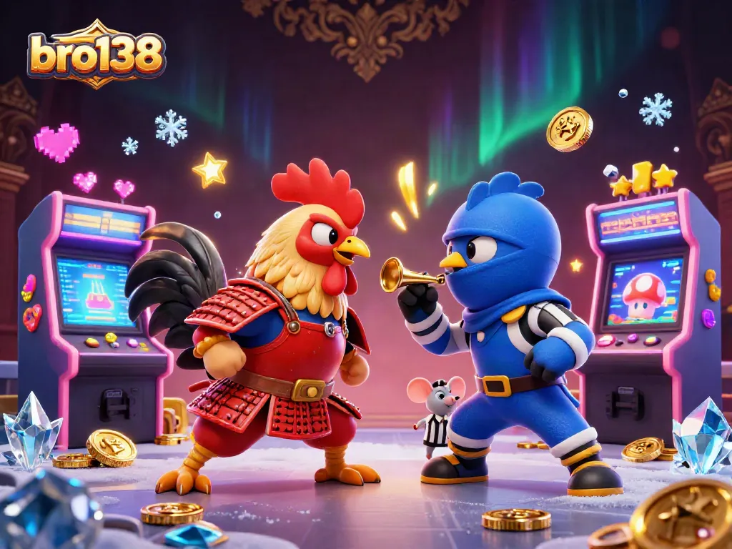 Engage with bro138's thrilling gaming experience featuring fighting roosters in a captivating casino scene.