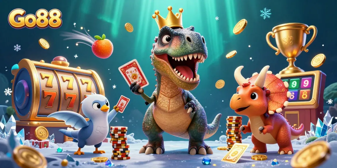Engage with Go88's immersive 3D casino environment featuring colorful slot reels and dynamic characters.
