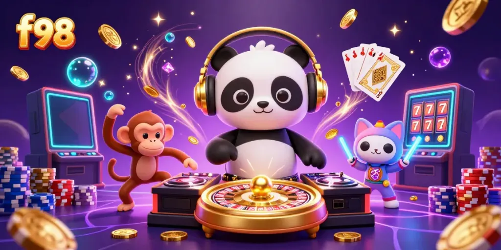Spin the reels with f98's lively characters celebrating casino vibes with vibrant energy.
