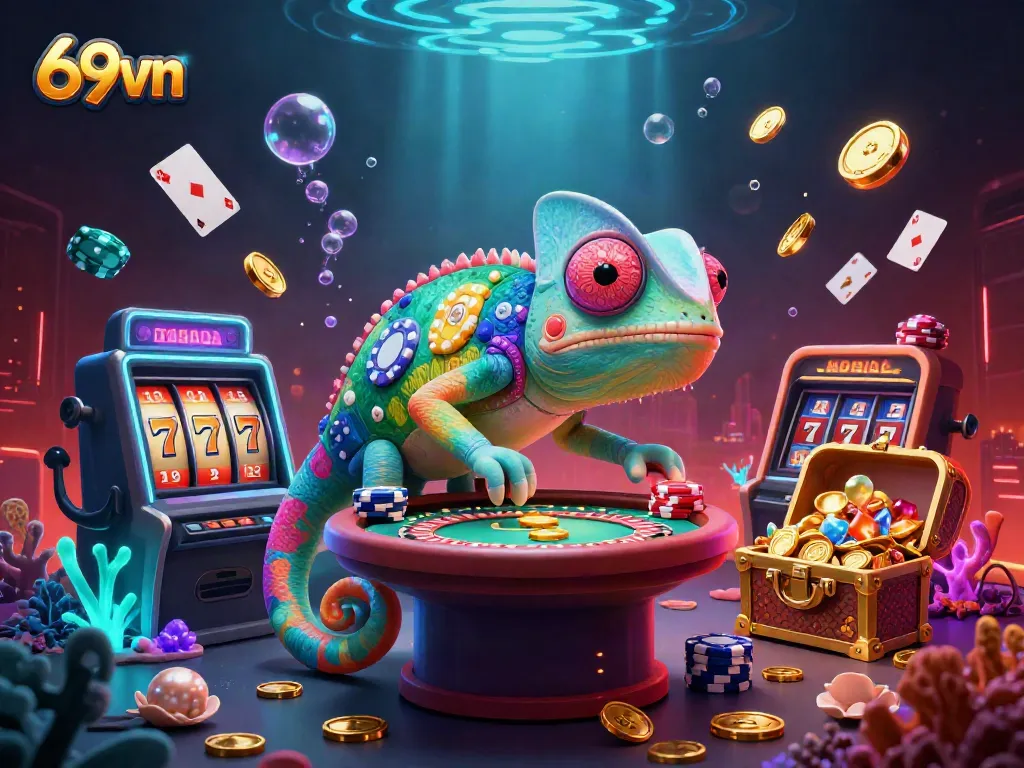 Experience thrilling casino action at 69vn with vibrant games and rewards amidst an enchanting chameleon scene.