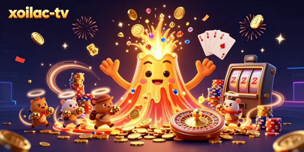 Experience the excitement of xoilac-tv as a golden volcano erupts treasures amidst a vibrant casino backdrop.