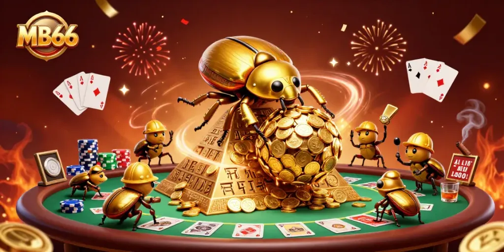 MB66 showcases a vibrant casino scene with golden beetles and poker elements amidst festive confetti.