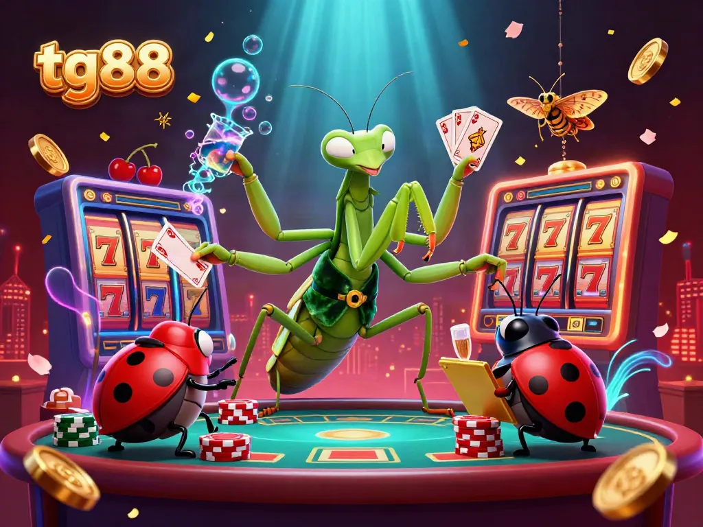 Experience the thrilling adventure at tg88 with a vibrant casino scene featuring a giant praying mantis and ladybug in action.