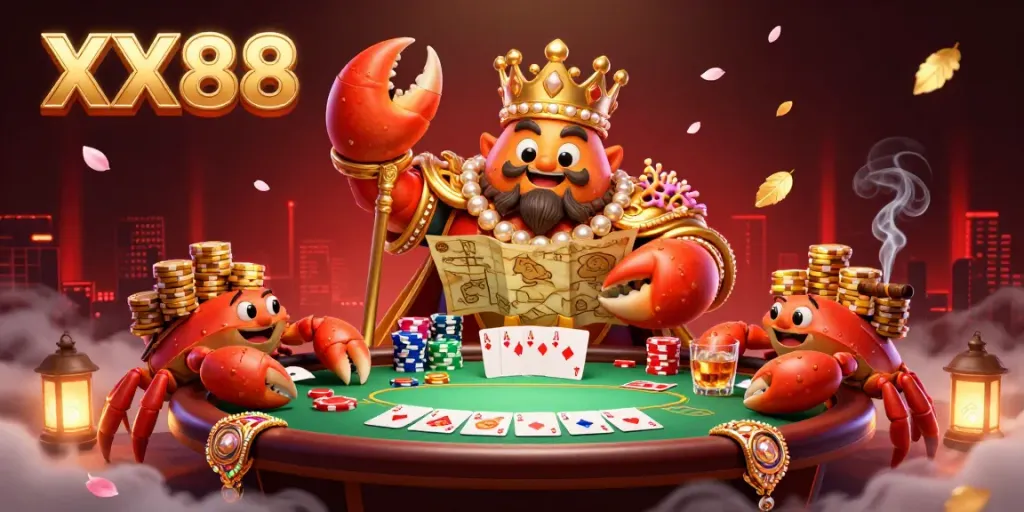 Engage in thrilling action at XX88 with the massive golden crab emperor presiding over a vibrant poker scene.