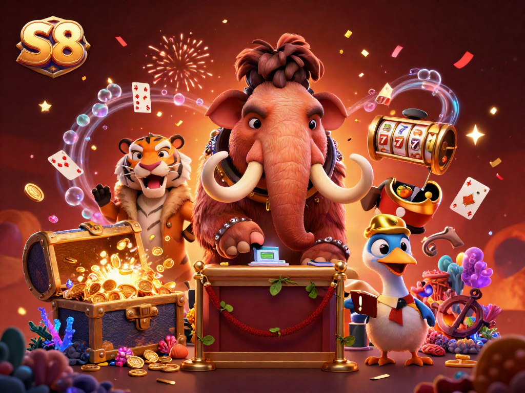 S8 casino illustration showcasing a woolly mammoth bouncer, saber-tooth VIP, and dodo doorman among slots and confetti.