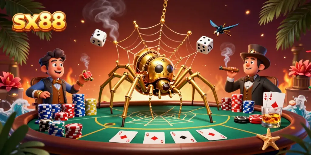 Engage with sx88's dynamic casino scene featuring golden spider and poker chip web.