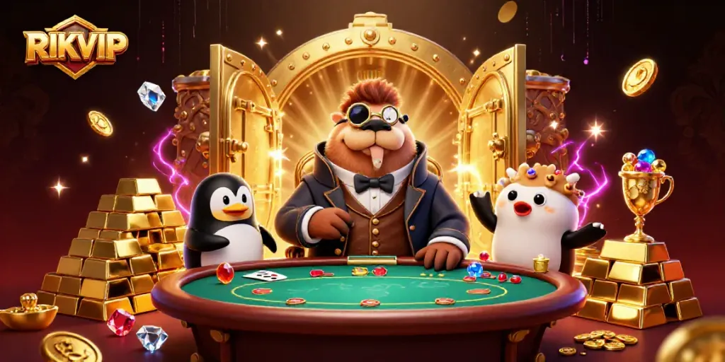 Engage in vibrant gaming action with RIKVIP at an underwater poker table surrounded by treasure.