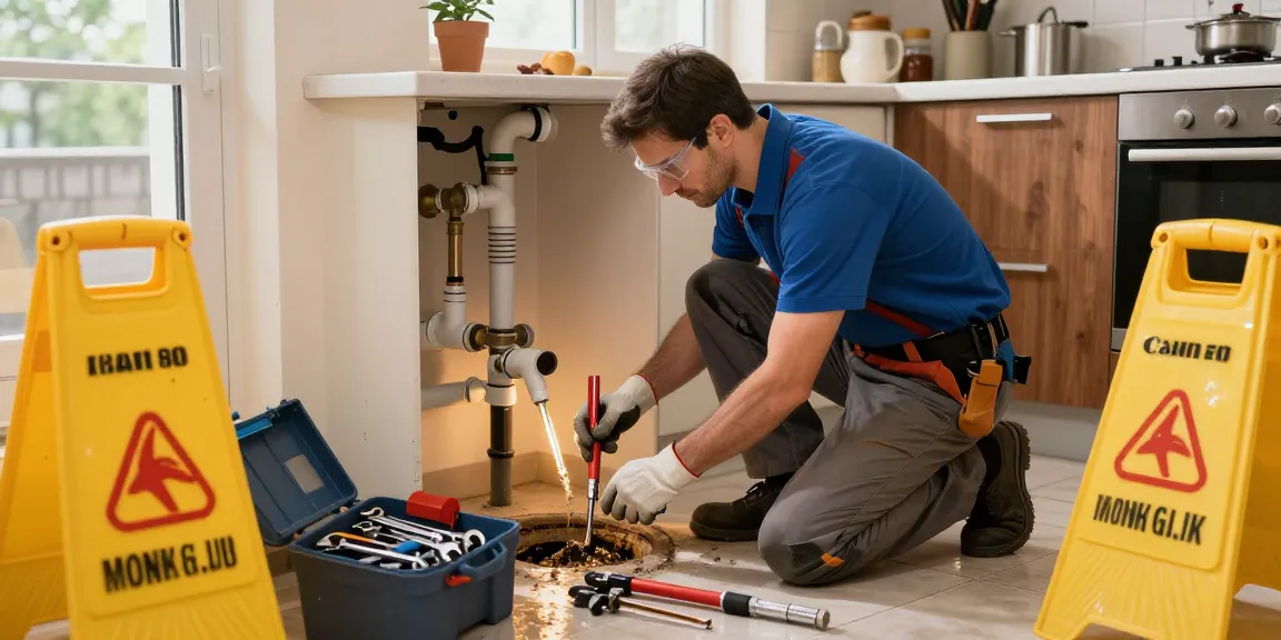 Professional plumber addressing blocked drain repairs London in a home kitchen.