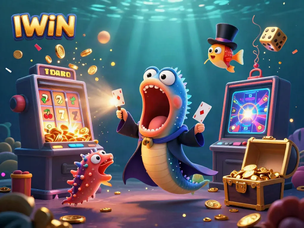 IWIN casino's magical scene features a bioluminescent gulper eel performing tricks, jackpot slot machine explosion, and vibrant game elements.