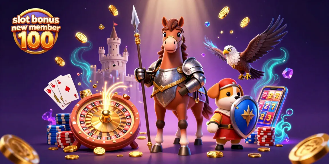Menangkan slot bonus new member 100 dengan keberuntungan di tengah koin emas dan permainan kasino.