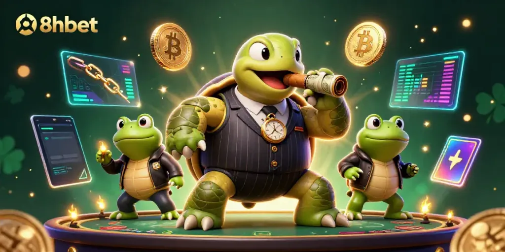 Engage with vibrant 8xbet casino atmosphere featuring a snapping turtle in mobster attire amidst financial elements.