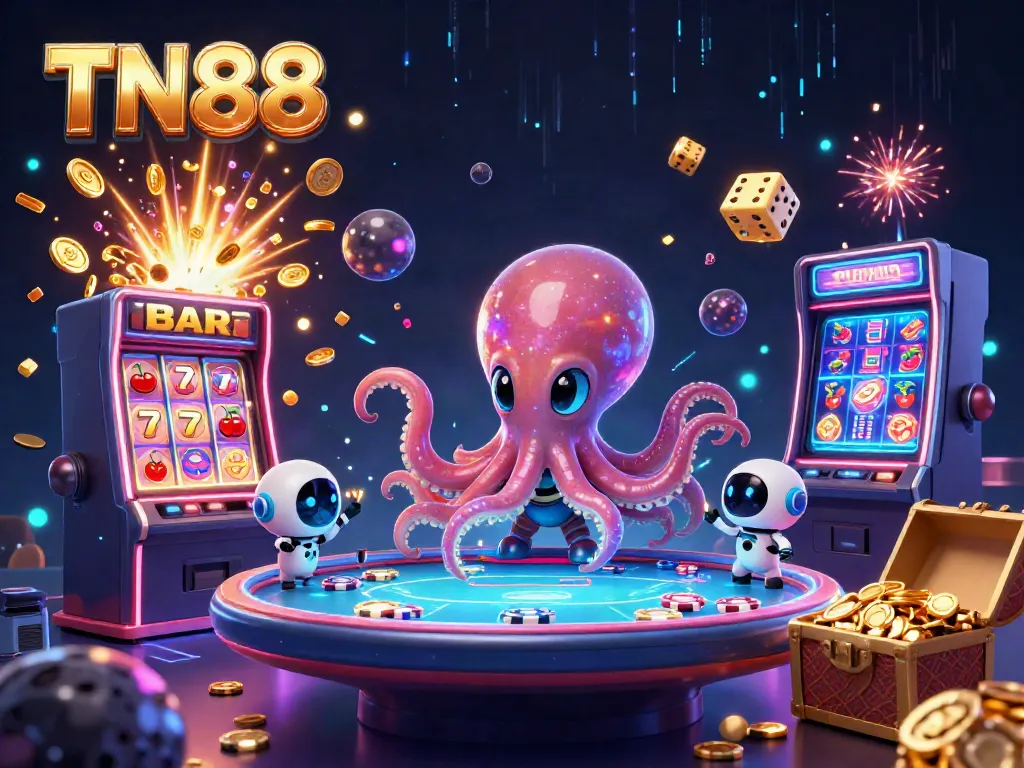 Experience the fun at TN88 casino, featuring a vibrant alien octopus running a poker game.